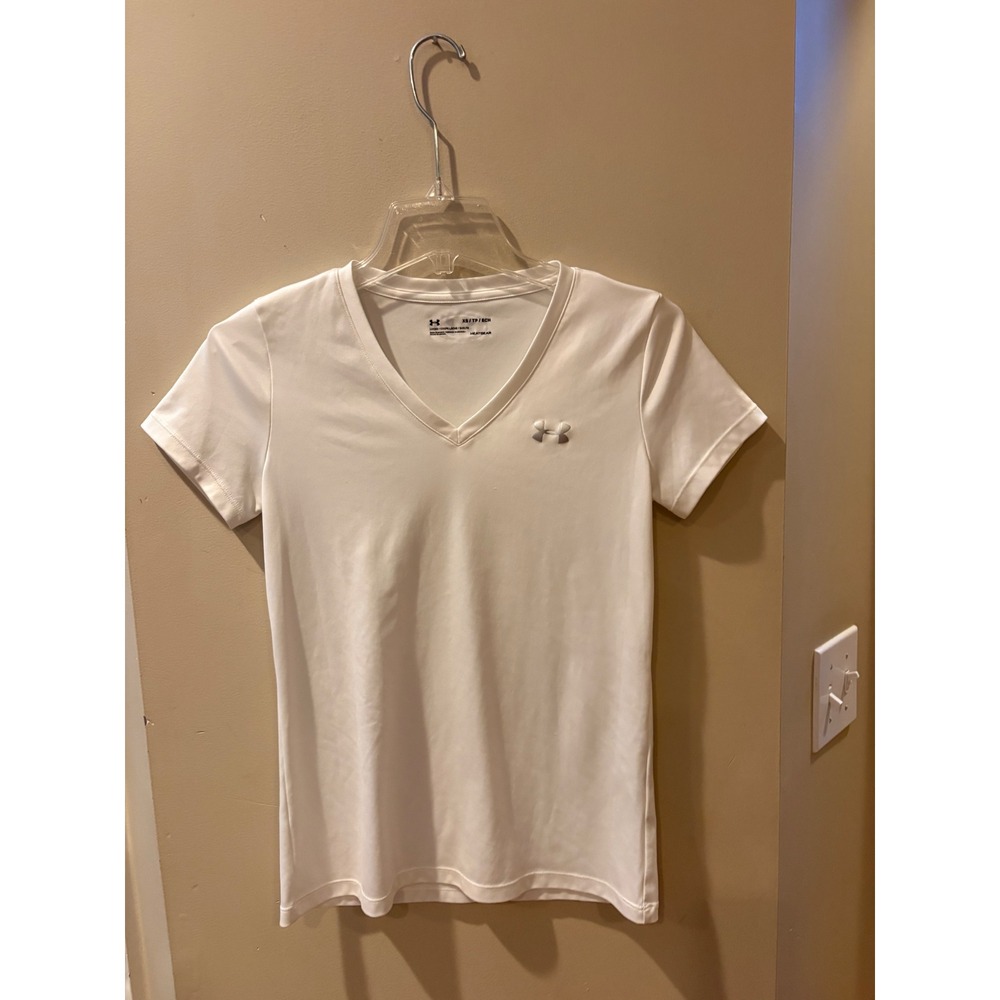 Under Armour HeatGear White V Neck Short Sleeve Workout Shirt Women XS Loose Fit